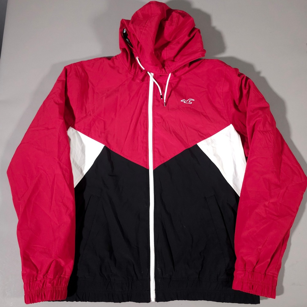 Hollister Windbreaker Jacket Men XL Red Colorblock Epic Flex Fleece Lined Hooded